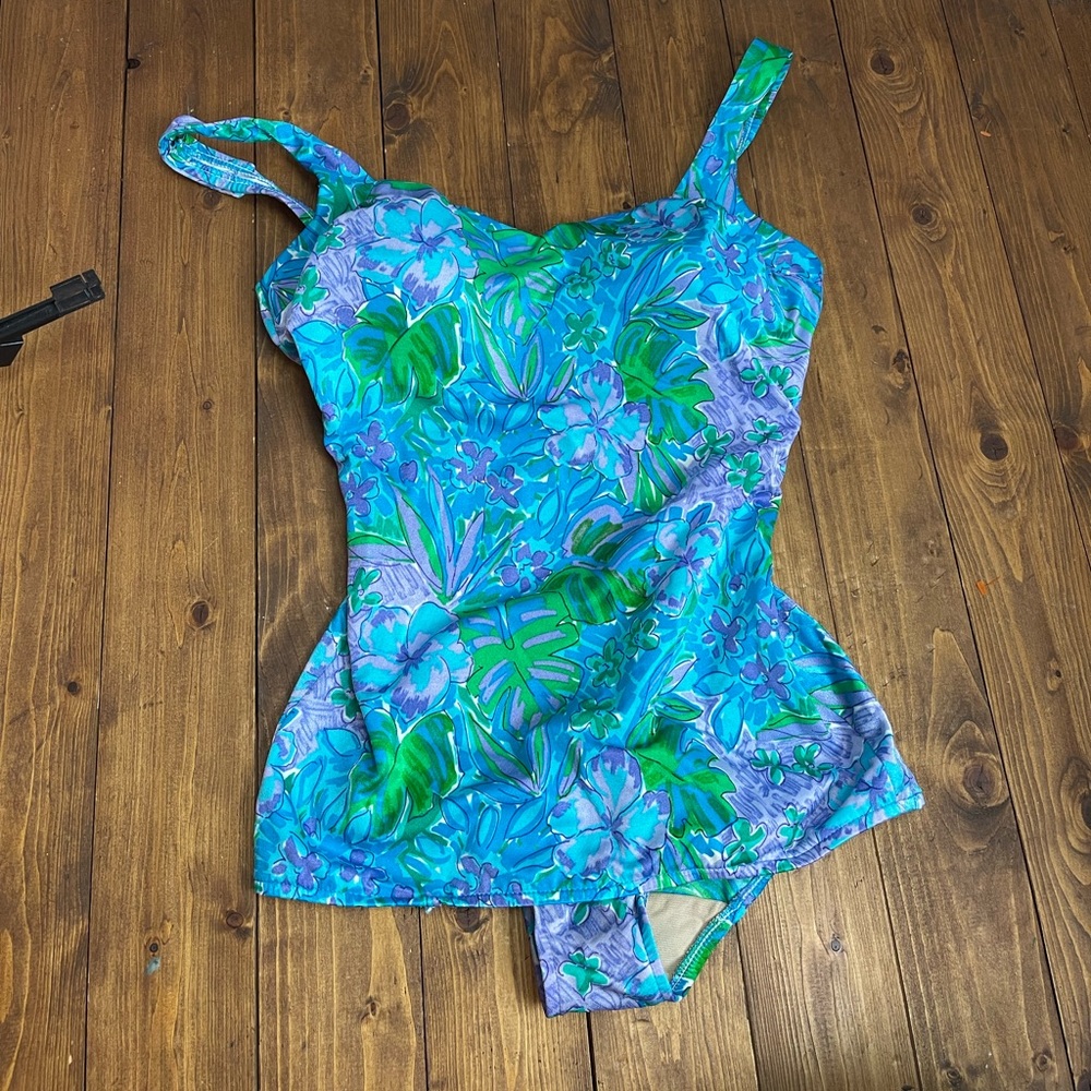 Maxine of Hollywood Vintage swimsuit blue tropical print size 14